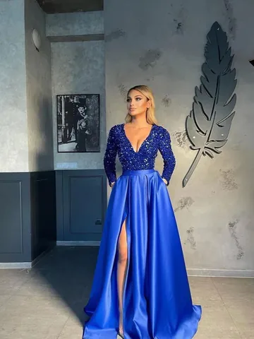 Damen Elegant Pailletten V-Ausschnitt Abendkleid Langarm Satin Bodenlang Kleid Mit Hohem Schlitz Für Hochzeit Party Formelle Veranstaltung