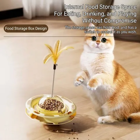 Interactive Tumbler Cat Toy with Feather Spring Metal Rod Track Ball Slow Feeder Turntable Plastic Educational Cat Toys for Indoor Pet Boredom Relief