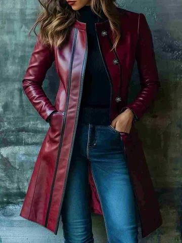 Women Vintage Faux Leather Trench Coat Contrast Color Lapel Biker Jacket Long Sleeve Button Up Windbreaker Outerwear