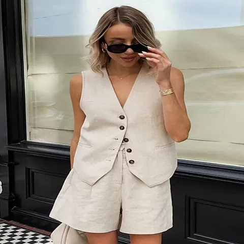 Women's Summer Cotton Linen Vest And Shorts Set Khaki Sleeveless Single-Breasted Waistcoat High Waist Shorts Two Piece Outfit
