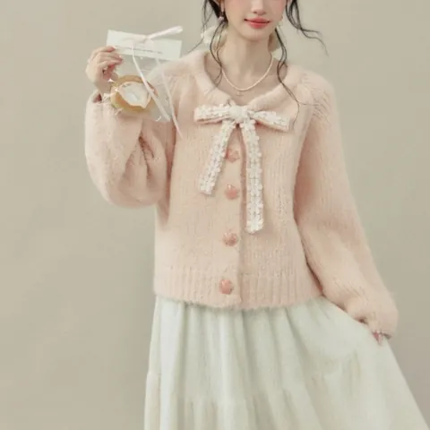 Cardigan in Maglia con Fiocco da Donna Dolce e Morbido Misto Lana Manica Raglan Abbottonato Patchwork Maglione per Autunno Inverno