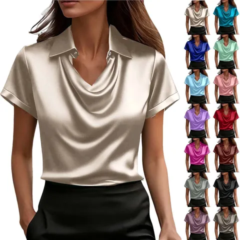 Women's Cowl Neck Satin Blouse Summer Short Sleeve Lapel Button Office Shirt Casual Solid Color Satin-Like Polyester Top
