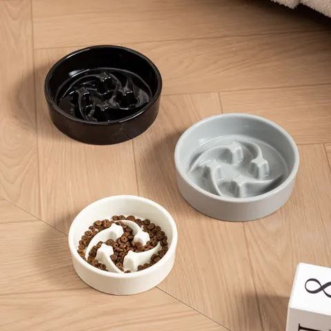 Keramik Slow Feeder Haustiernapf Für Katzen Und Hunde Anti-Ersticken Meteor Design Glasierter Rutschfester Futternapf Mit Bambushalter
