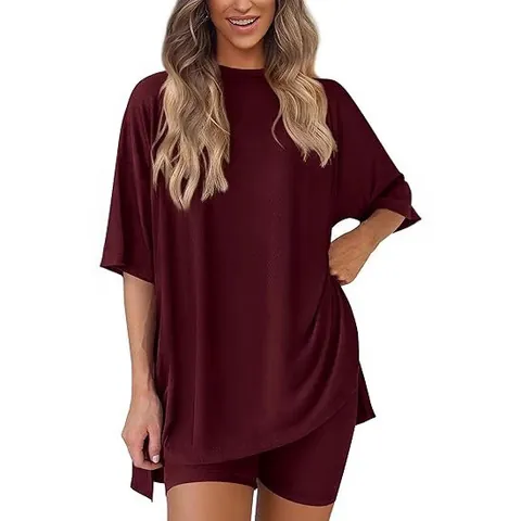 Women Casual Loungewear Round Neck Loose Short Sleeve Top And High Waist Shorts Pockets Soft Polyester Pajama Apparel