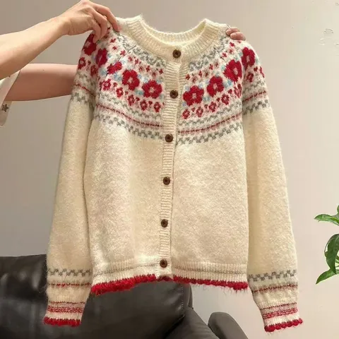 Cárdigan de Punto Retro Americano Fair Isle para Mujer Mezcla de Cachemir de Oveja Patrón Floral Cuello Redondo Top Abotonado