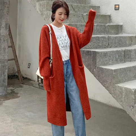 Women Mid-Long Knitted Cardigan Jacket Thickened Loose Casual Open Front Sweater Coat With Pockets Long Sleeve Outerwear Solid Color Autumn Winter