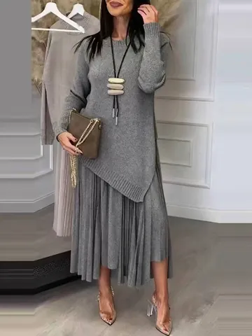 Women Top And Bottom Polyester Knitted Long Sleeve Asymmetrical Hem Top And Pleated Maxi Skirt Casual Fashion Commuter Outfit