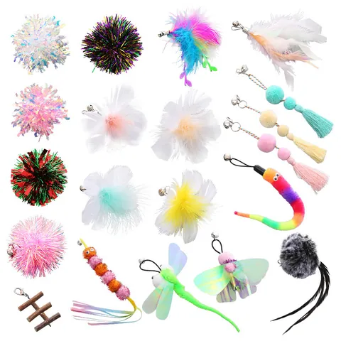 Interactive Cat Teaser Wand Replacement Heads Feathers Bells Crinkle Balls Caterpillar Toy For Indoor Cats DIY Pet Supplies Accessory Kit
