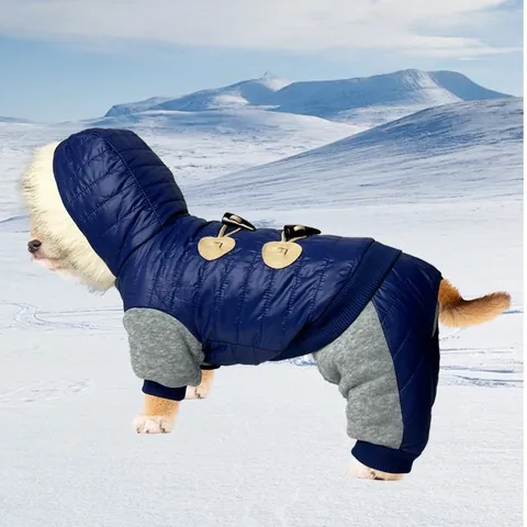 Warm Pet Dog Winter Coat Quilted Jumpsuit Faux Fur Hooded Toggle Buttons Padded Puppy Clothes For Small Medium Dogs Blue