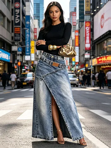 Dames Hoge Taille Spijkerrok Maxi Vintage Wassing Asymmetrische Tailleband Patchwork Hoge Split Lange Rok Streetwear Casual