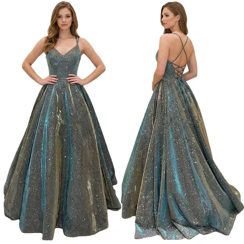 Damen Elegantes V-Ausschnitt Pailletten Langes Abendkleid Glänzend Spaghetti-Träger Rückenfrei A-Linie Großer Schwung Ballkleid Bankett