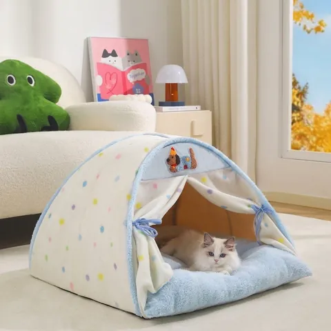Enclosed Pet Tent House For Cats And Small Dogs Winter Warm Four Seasons Universal Polka Dot Checkered Plush Cat Bed With Cushion