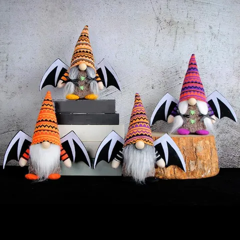 Halloween Gnome Plush Knitted Faceless Doll With Bat Wings Spider Ornament Orange Purple Striped Hat Festive Party Decor Gift