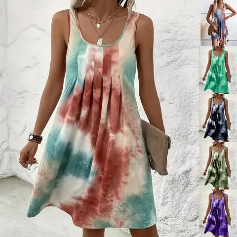 Women Sleeveless Tie Dye Print Dress Round Neck Pleated Midi Sundress Casual Summer Loose Fit A-Line Dress