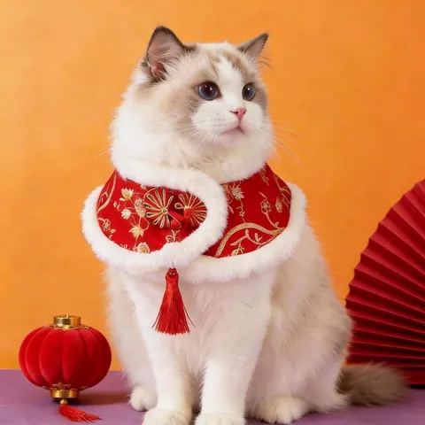Pet Chinese Style New Year Cloak Embroidery Faux Fur Red Tassel Cat Dog Festive Cape Winter Warm Polyester Clothing