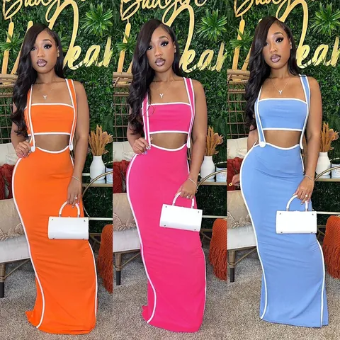 Women Sexy Top And Bottom Fashion Contrast Binding Solid Ribbed Knit Sleeveless Bandeau Top And Hips Wrapped Long Skirt Set