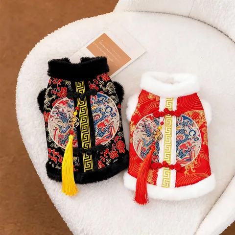 Traditional Chinese Style Pet Padded Coat Embroidered Dragon Tang Suit Warm Winter Vest For Dogs And Cats New Year Clothes