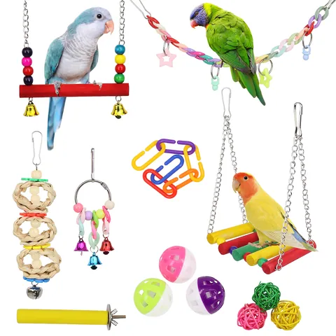 Houten Rotan Papegaai Vogel Speelgoed Set Met Gekleurde Kralen Schommel Ladder Hangende Bel Voor Klimmen Kauwen Molaar Huisdier Vogel