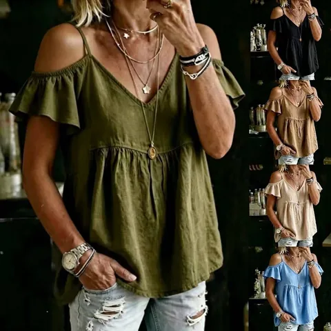 Women Polyester V-Neck Cold Shoulder Top Ruffle Short Sleeve Loose Casual Solid Color Summer T-Shirt Comfortable Fashion Blouse
