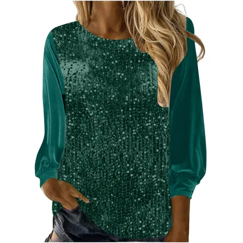 Women's Casual Round Neck Long Sleeve Sequin Patchwork Loose Top Sequin Blouse For Party Daily Wear Fashion Shirt