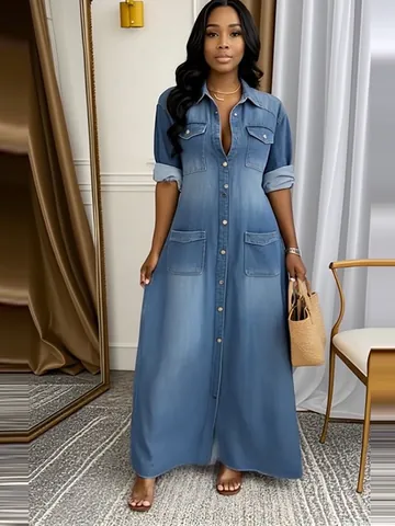 Women Fashion Casual Loose Long A-Line Dress Lapel Long Sleeve Button Patchwork Polyester Maxi Shirt Dress Blue
