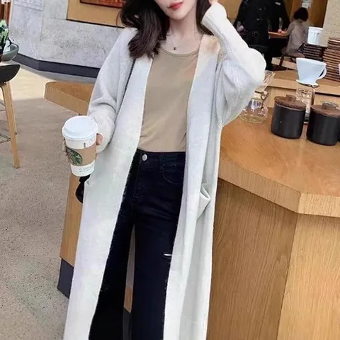 Women Mid-Long Knitted Cardigan Jacket Thickened Loose Casual Open Front Sweater Coat With Pockets Long Sleeve Outerwear Solid Color Autumn Winter