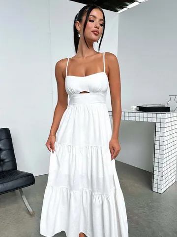 Elegant Solid Polyester Cami Maxi Dress For Women Summer Sexy Cut Out Tiered A-Line Beach Party Spaghetti Strap Dress