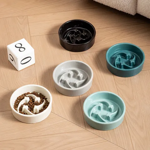 Keramik Slow Feeder Haustiernapf Für Katzen Und Hunde Anti-Ersticken Meteor Design Glasierter Rutschfester Futternapf Mit Bambushalter