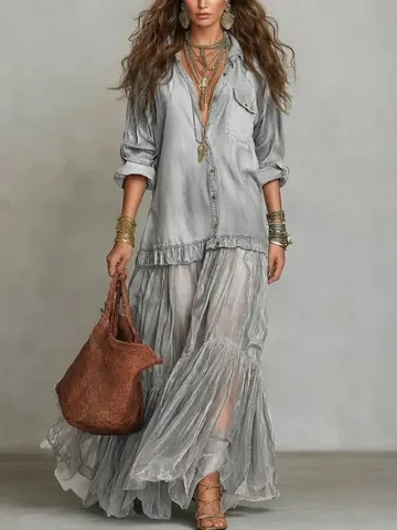Women Retro Lapel Faux Denim Maxi Dress Bohemian Spliced Tiered Long Sleeve Casual Dress With Pockets Polyester Spandex Long Dress