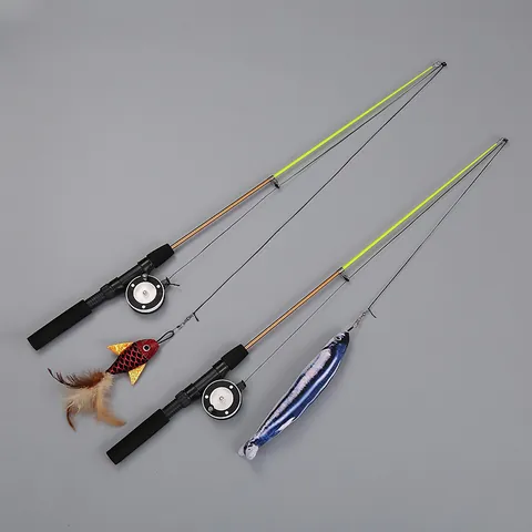Telescopic Fishing Rod Cat Toy With Retractable Pole Plush Fish Feather Attachments Interactive Teaser Wand For Indoor Cats Kitten