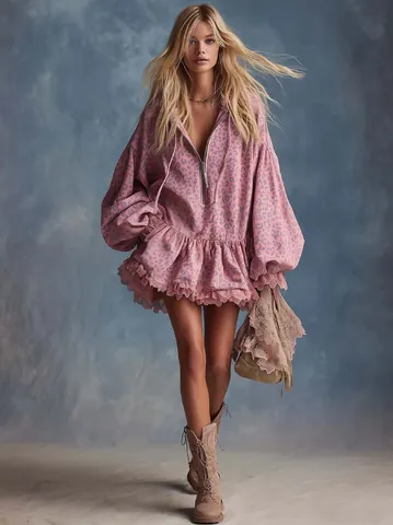 Women Pink Leopard Print Hooded Mini Dress Bohemian Ruffle Hem Lantern Sleeve Front Zipper Elegant Pleated Party Dress