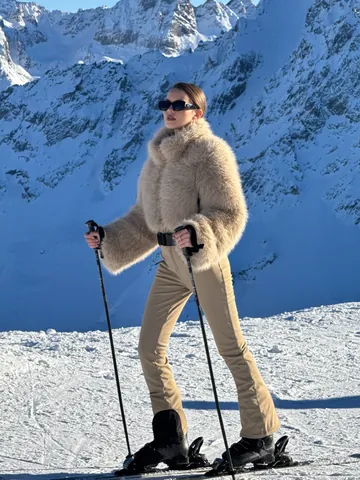 Women's Faux Fur Collar Hooded Ski Suit Set Waterproof Windproof Outdoor Snowsuit Slim Fit Flare Leg Jumpsuit Top And Bottom