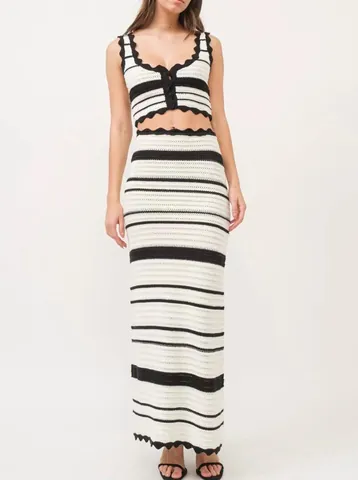 Women Striped Knit Top And Bottom V Neck Sleeveless Vest And High Waist Contrast Midi Skirt Summer Casual Outfits