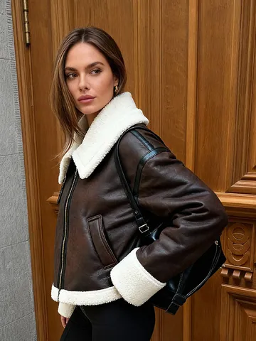 Damen Vintage Braun Wildlederoptik Kunstleder Moto Jacke Mit Dickem Lammfellimitat Futter Patchwork Reißverschluss Kurz Fliegermantel