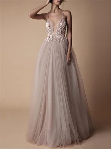 Damen Elegant V Ausschnitt Spaghetti Träger 3D Blumen Bestickt Netz Hochzeitskleid Champagner Abendparty Maxi Kleid