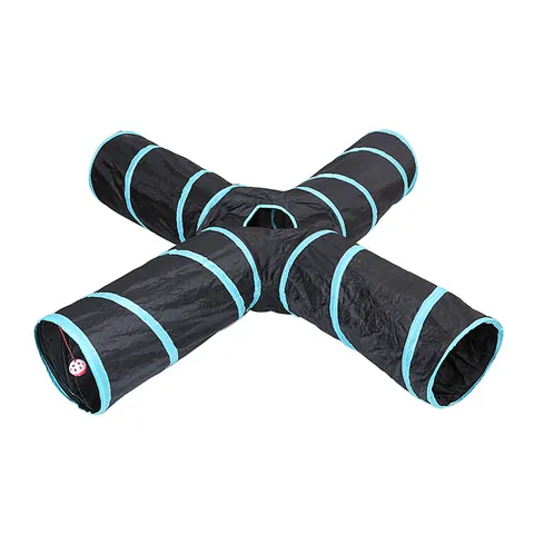 Foldable Cat Tunnel Toy 4-Way Play Tube With Bell Ball Interactive Kitten Hiding House Indoor Black Blue Canvas Fabric