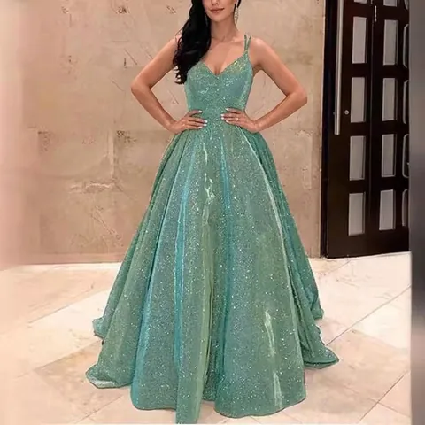 Damen Elegantes V-Ausschnitt Pailletten Langes Abendkleid Glänzend Spaghetti-Träger Rückenfrei A-Linie Großer Schwung Ballkleid Bankett