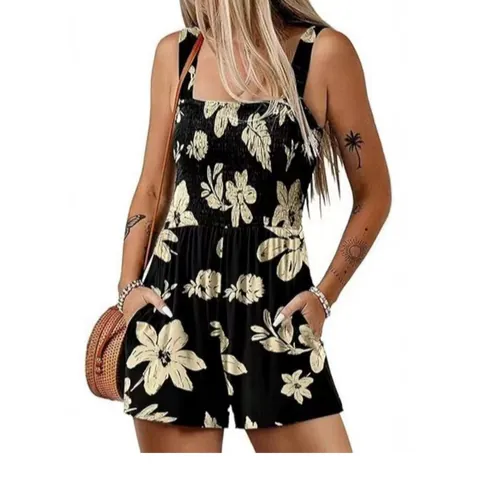 Mono Corto Elegante de Mujer con Estampado Floral Cuello Cuadrado Sin Mangas con Nido de Abeja Top And Bottom Informal con Bolsillos