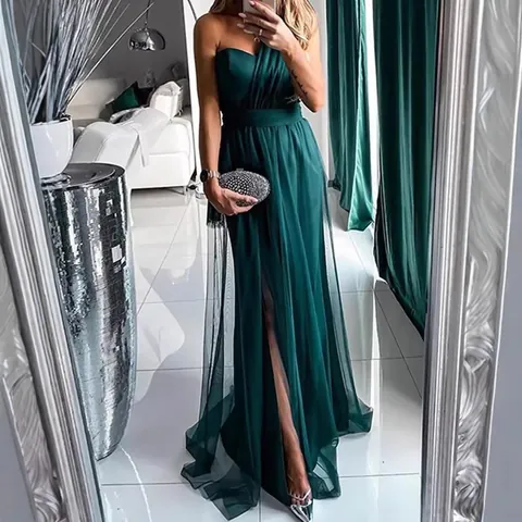 Elegant One Shoulder High Slit Maxi Evening Dress For Women Solid Color Polyester Satin Tulle Patchwork Prom Party Gown