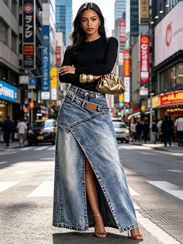 Dames Hoge Taille Spijkerrok Maxi Vintage Wassing Asymmetrische Tailleband Patchwork Hoge Split Lange Rok Streetwear Casual
