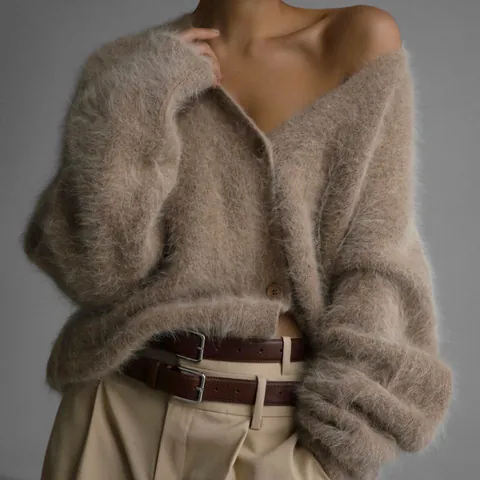 Women's Elegant V-Neck Knit Cardigan Faux Mink Velvet Oversized Soft Acrylic Spandex Sweater Loose Outerwear Top
