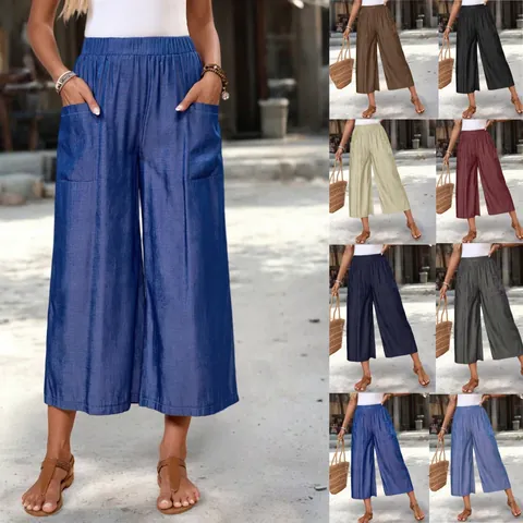 Women Casual Wide Leg Culottes Summer Loose High Waist Pants with Pockets Polyester Woven Seven-Point Capri Trousers