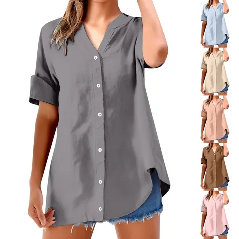 Dames Casual Katoen Linnen Top Korte Mouw Opstaande Kraag Knoopsluiting Effen Kleur Losse Blouse Overhemd Vakantie Dagelijks