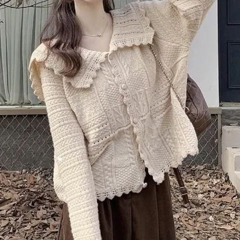 Women Sweet Knitted Cardigan Hollow Out Lace Peter Pan Collar Acrylic Sweater Coat Casual Loose Long Sleeve Button Top