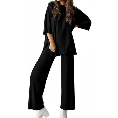 Women Casual Two Piece Set Solid Color Round Neck Short Sleeve Top And Wide Leg Pants With Pockets Comfortable Loungewear