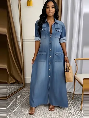 Women Fashion Casual Loose Long A-Line Dress Lapel Long Sleeve Button Patchwork Polyester Maxi Shirt Dress Blue