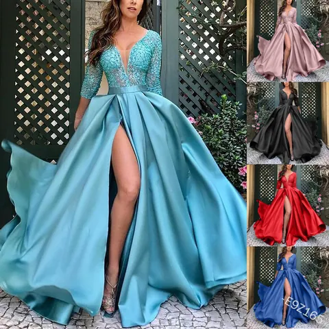 Women Sexy Deep V-Neck Long Sleeve Lace Sequin Satin Evening Gown High Slit Trailing Maxi Dress For Wedding Party Banquet