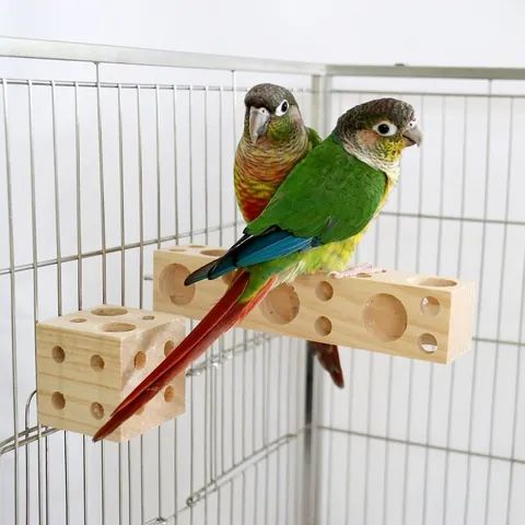 Naturholz Papageienspielzeug Multi-Loch Vogel Sitzstange Würfel Kauen Schleifstab Für Kleine Mittlere Papageien Haustier Vogelkäfig Zubehör