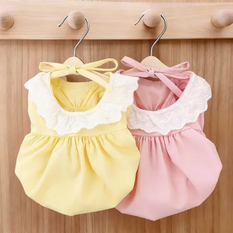 Lindo Vestido de Princesa de Verano para Mascotas Estilo Calabaza Encaje Lazo Decoración Amarillo Rosa Perro Gato Ropa