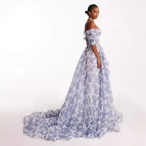 Women Off Shoulder Floral Organza Maxi Dress Elegant Puff Sleeve Ruffle High Split Evening Gown Party Dress Wedding Gown